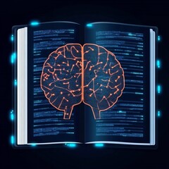 Poster - Open book with glowing brain illustration, representing knowledge and intelligence.