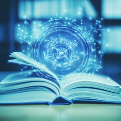 Poster - Open book with glowing digital holographic interface.