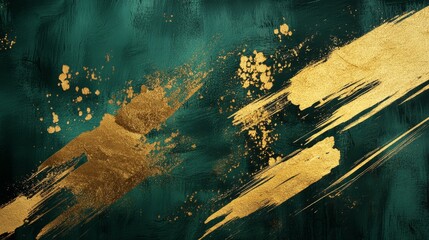 Poster - Dynamic golden brushstrokes on green canvas abstract art artistic studio contemporary close-up visual expression
