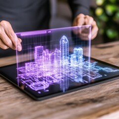 Poster - Person viewing a holographic city model on a tablet.