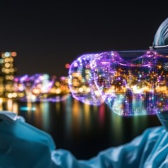 Poster - Person wearing VR headset, viewing digital city data at night.
