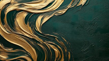 Poster - Dynamic flow of golden textures on dark green background abstract art modern style artistic environment close-up view elegant design