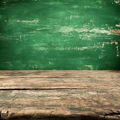 Poster - Rustic wooden table against a green grunge wall.