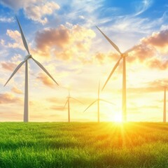Poster - Scenic sunset over wind turbines in a green field.
