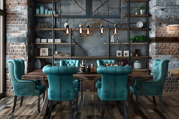 Wall Mural - Interior of stylish dining room with brick walls, wooden floor, blue chairs and round tables