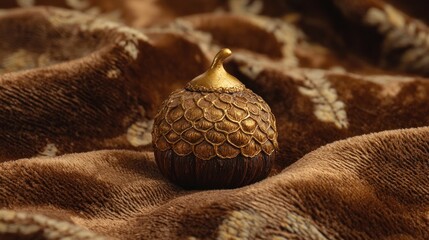 Wall Mural - A single gold-accented acorn placed on a velvet background.