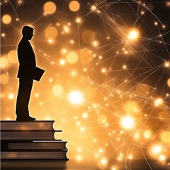 Poster - Silhouette of man on books facing network.