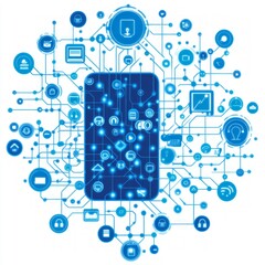Aufkleber - smartphone displaying interconnected digital apps and data streams.