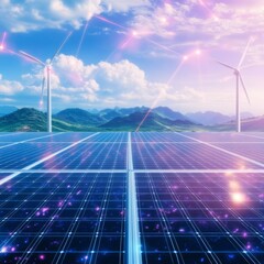 Poster - Solar panels and wind turbines on a mountain landscape with futuristic energy connections.