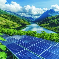 Poster - Solar panels generate clean energy by a serene lake and mountains.