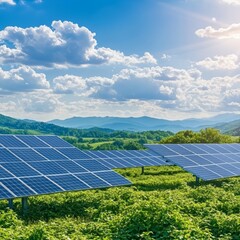 Poster - Solar panels in a green field with mountains.