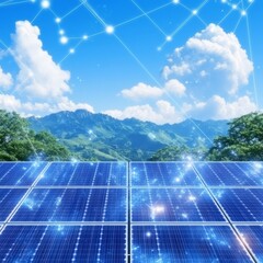 Poster - Solar panels in mountains with digital network overlay.