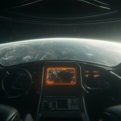 Poster - Spaceship cockpit view of Earth from space.