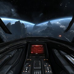 Poster - Spaceship cockpit view of Earth from space.