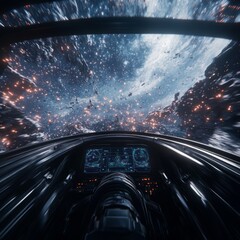 Poster - Spaceship cockpit view of fast asteroid field travel.