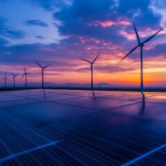 Poster - Sunset over solar panels and wind turbines. (1)