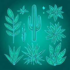 Poster - Teal neon succulent plants and cactus.