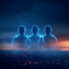 Poster - three glowing figures stand over a city at night.