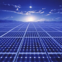 Poster - Vast solar panel field at sunrise, clean energy.
