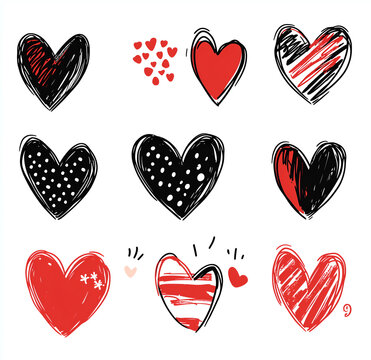 set of hand-drawn hearts in black and red, in a clip art style, on a white background