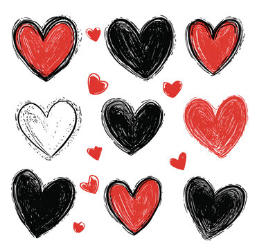 set of hand-drawn hearts in black and red, in a clip art style, on a white background