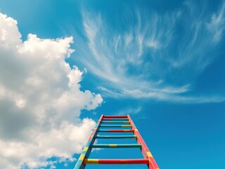 Wall Mural - Colorful ladder stretching towards the blue sky with fluffy white clouds and a few wispy strands of cirrus high above, nature, vertical composition