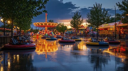 Poster - Colorful Amusement Park at Dusk with Illuminated Rides and Wet Ground