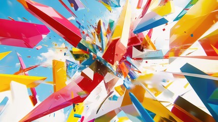 Poster - Dynamic Explosion of Colorful Geometric Shapes in Clear Sky