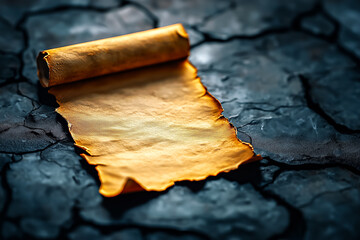 Poster - A torn parchment rests on a dark, cracked surface, showcasing its captivating texture and realistic design