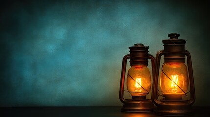 Poster - Vintage Lanterns on Dark Background with Soft Blue Texture