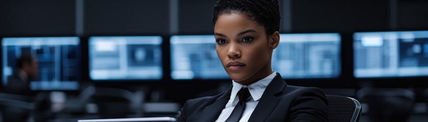 Poster - Focused female analyst analyzing data in high-tech office environment urban setting professional viewpoint technology insights
