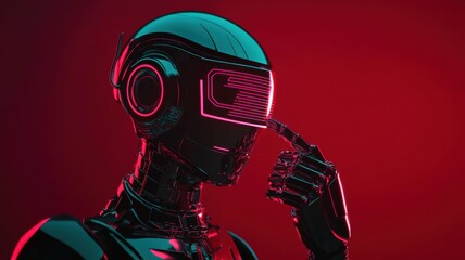 Poster - Futuristic robot interacting with virtual reality digital studio 3d art neon environment side view technology concept