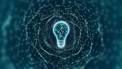 Poster - Motion graphic of Blue digital light lamp logo and tunnel line connection with lightbulb and ideas concept on abstract background