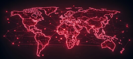Poster - World map warning danger with red light glow. Global earth atlas. Generative AI technology.