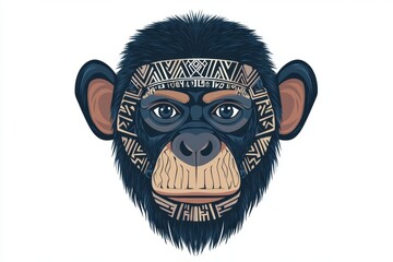 Wall Mural - Stylized illustration of a monkey head with tribal patterns.