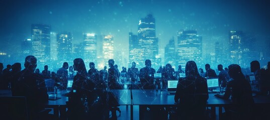 Poster - Busy business people office meeting with night city background. Company teamwork job. Generative AI technology.