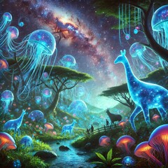 Poster - a bioluminescent rainforest where the animals bodies are transpa