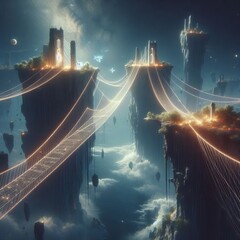 Poster - A bridge made of light stretching across two floating islands in