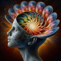 Poster - a human head opening like a blooming flower revealing intricate