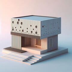 Poster - A minimalist house with multiple dots horizontal stripes and a g
