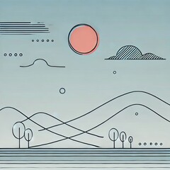 Poster - a minimalist landscape represented by a single continuous line w