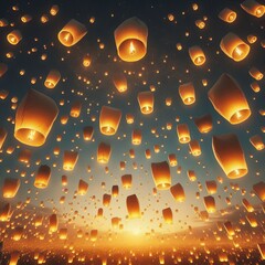 Poster - a sky filled with golden lanterns floating upwards symbolizing w