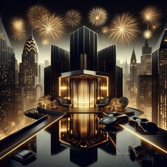 Poster - a sleek black skyline with gold accents and fireworks overhead r