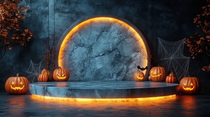 Wall Mural - Halloween 3D render of a marble podium decorated with glowing pumpkins, bats in flight, and intricate cobwebs, ideal for a spooky product presentation 