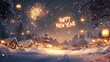 © PANGERANDESIGN - Festive winter village scene with fireworks and 'Happy New Year' text.