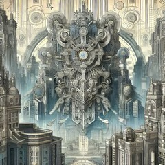Aufkleber - art nouveau cyberpunk an intricate art nouveau inspired cityscap