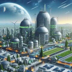 Poster - biogas city a futuristic city with biogas facilities generating