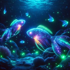 Poster - bioluminescent fish fish that glow with an inner light swimming