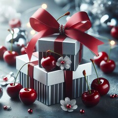 Poster - cherry silver gift boxes a stack of silver gift boxes tied with