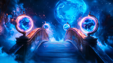 Poster - Two glowing orbs sit beside a bridge, shining in a mystical foggy realm of vibrant colors